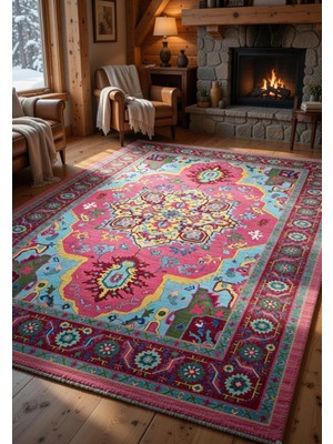 Kilim Home Fuşya Turkuaz Bohem Vintage Desenli Salon Halısı – Eskitme Görünümlü Etnik Halı