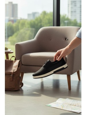 Enoch Hakiki Deri Siyah Mikro Dokulu Bağcıklı Erkek Comfort Ayakkabı