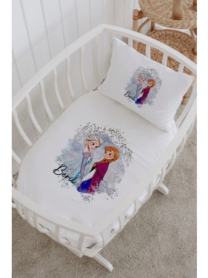 Lilabio Isme Özel %100 Pamuk Lastikli Park Yatak Çarşaf Seti (60X120) Elsa Anna Parıltı