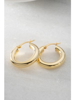 Two Arts Kadın 925 Ayar Gümüş Kalın Halka Sade Küpe | 14K Altın Kaplama | Hediye Kutusunda