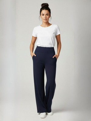 Trendseninle Kadın Lacivert Beli Lastikli Detaylı Elastanlı Palazzo Yüksek Bel Pantolon