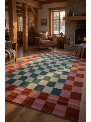 Kilim Home Kaymaz Tabanlı Modern Ekose Halı - Pembe Turuncu Yeşil Kareli