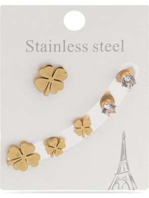 The Originals Çelik Altılı Yonca Model Gold Renk Küpe Set