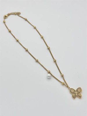 The Originals Kadın Çelik Toplu Zincirli Incili Motif Kelebek Figürlü Gold Renk Kolye 45 cm