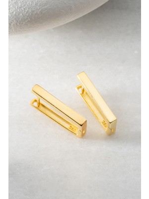 Two Arts Kadın 925 Ayar Gümüş Dikdörtgen Minimalist Küpe | 14K Altın Kaplama | Hediye Kutusunda