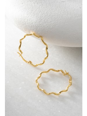 Two Arts Kadın 925 Ayar Gümüş Dalgalı Hoop Küpe | 14K Altın Kaplama | Hediye Kutusunda