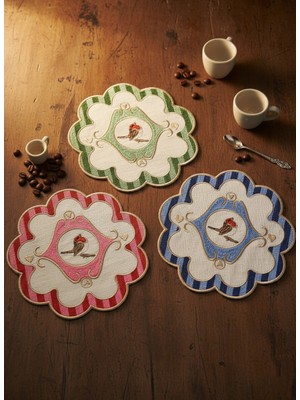 AGBTREND Mavi Yeşil Kırmızı 3 Lü Pip Studio Uyumlu Nakışlı Kuş Detaylı Kokteyl Sunum Peçetesi Seti 15X15CM