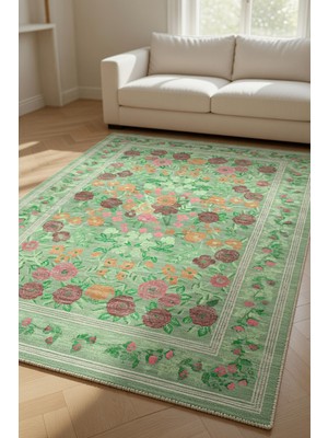 Kilim Home Vintage Çiçek Desenli Kaymaz Taban Halı – Yeşil Pastel Dekoratif Model