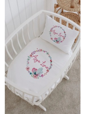 Lilabio Isme Özel %100 Pamuk Lastikli Park Yatak Çarşaf Seti (60X120) Çiçek Kelebek