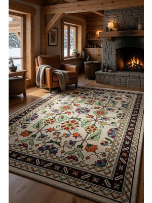 Kilim Home Anadolu Etnik Desenli Kaymaz Taban Halı – Krem Zemin Dekoratif Salon Halısı