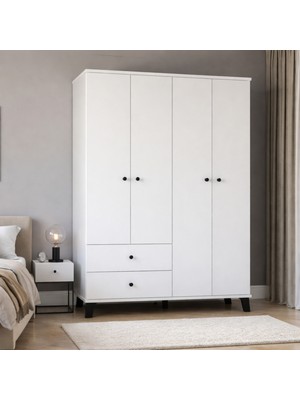 Misterium Mira 4 Kapaklı 2 Çekmeceli Gardırop Yatak Odası & Genç Odası Elbise Dolabı – Beyaz