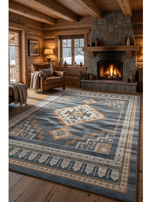 Kilim Home Antrasit Geometrik Madalyonlu Kaymaz Taban Salon Halısı