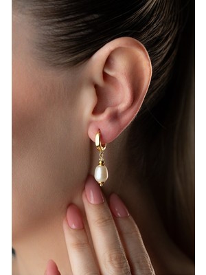 Two Arts Kadın 925 Ayar Gümüş Küpe Inci Sallantılı Küpe | 14 Ayar Altın Kaplama