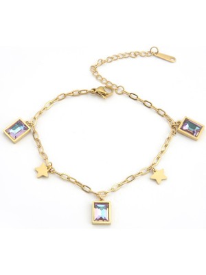 The Originals 316L Renkli Zirkon Taşlı Yıldızlı Zincir Bileklik Gold Renk