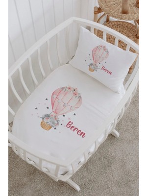 Lilabio Isme Özel %100 Pamuk Lastikli Park Yatak Çarşaf Seti (60X120) Pembe Balonlu Fil