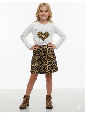 Breeze Kız Çocuk Leopar Desenli Tshırt Bluz Leopar Desenli Şort Etek Takım