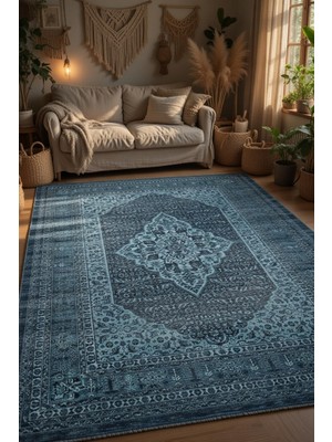 Kilim Home Kaymaz Tabanlı Klasik Mavi Halı - Lüks Medallion Pers Desen