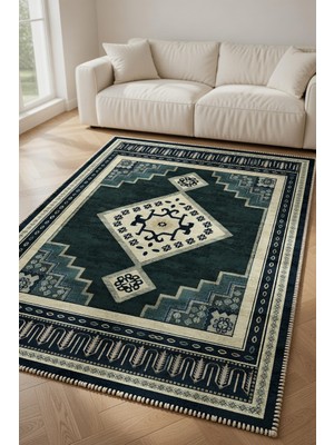 Kilim Home Siyah Krem Geometrik Madalyonlu Kaymaz Taban Salon Halısı