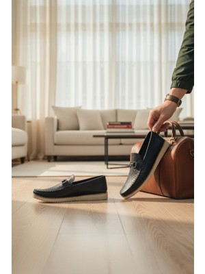 Enoch Noch Hakiki Deri Siyah Lazer Kesim Tokalı Erkek Comfort Loafer