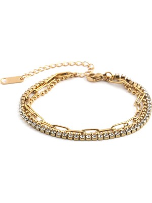 The Originals 316L Çelik Zirkon Taşlı Çoklu Zincir Bileklik Gold Renk