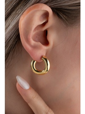 Two Arts Kadın 925 Ayar Gümüş Kalın Halka Küpe Sade | 14K Altın Kaplama | Hediye Kutusunda