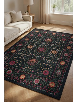 Kilim Home Kaymaz Tabanlı Klasik Siyah Halı - Lüks Çiçekli Pers Desen