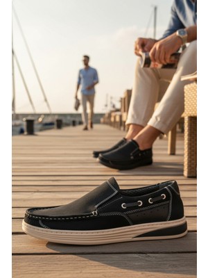 Enoch Hakiki Deri Siyah Süvet Tabanlı Erkek Deck Ayakkabı