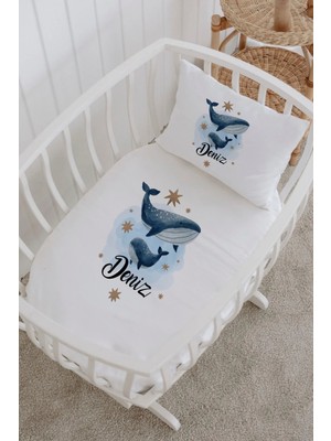 Lilabio Isme Özel %100 Pamuk Lastikli Park Yatak Çarşaf Seti (60X120) Balina