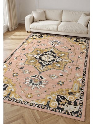 Kilim Home Pudra Pembe Siyah Gold Merkez Madalyonlu Modern Klasik Salon Halısı