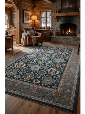 Kilim Home Kaymaz Tabanlı Lacivert Halı - Lüks Çok Renkli Geometrik Pers Desen