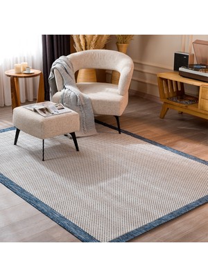 Koza Halı Fresco Ekru Lacivert Iskandinav Jüt Yıkanabilir Halı Kilim Balkon Teras Salon Koridor Halısı 23745A