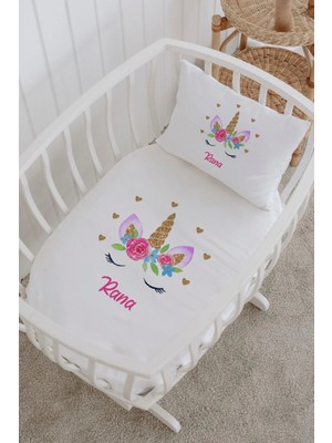 Lilabio Isme Özel %100 Pamuk Lastikli Park Yatak Çarşaf Seti (60X120) Taçlı Unicorn