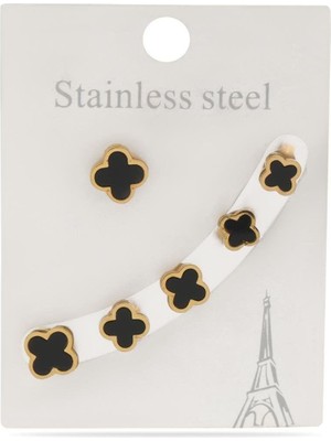 The Originals Çelik Altılı Siyah Yonca Model Gold Renk Küpe Set