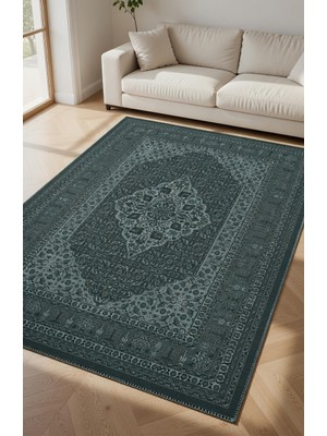 Kilim Home Kaymaz Tabanlı Klasik Pers Halısı - Koyu Yeşil Lüks Medallion Desen