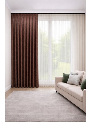 Perde Merkezi Pekin Kiremit Fon Perde Salon ve Misafir Odalarına Uygun 1/3 Sık Pileli Tek Kanat Lüks Modern Fon Perde