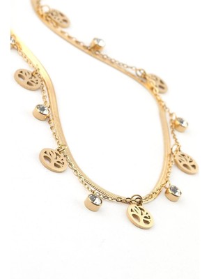 The Originals 316L Çelik Hayat Ağacı Figürlü Zirkon Taşlı Ikili Gold Renk Kolye 45CM