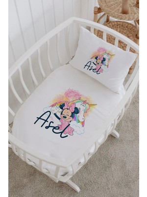 Lilabio Isme Özel %100 Pamuk Lastikli Park Yatak Çarşaf Seti (60X120) Unicorn Minnie