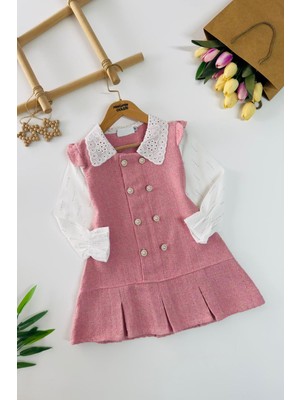 Miniğimin Cicileri Tüvit Düğmeli Kız Çocuk Taşlı Elbise - Pembe