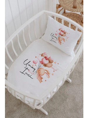 Lilabio Isme Özel %100 Pamuk Lastikli Park Yatak Çarşaf Seti (60X120) Balon Tutan Tavşan