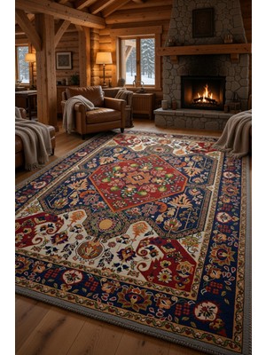 Kilim Home Anadolu Folklorik Desenli Kaymaz Taban Halı – Kırmızı Lacivert Salon Halısı