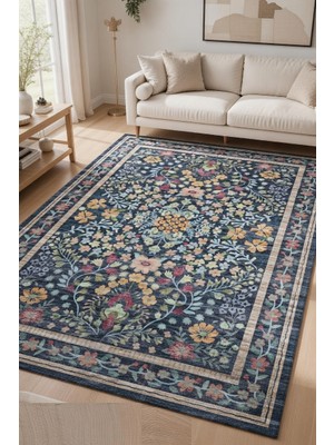 Kilim Home Kaymaz Tabanlı Lacivert Halı - Lüks Renkli Çiçekli Pers Desen