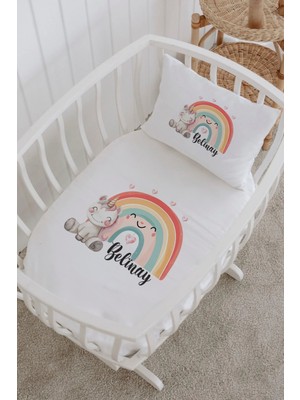 Lilabio Isme Özel %100 Pamuk Lastikli Park Yatak Çarşaf Seti (60X120) Minnie Unicorn