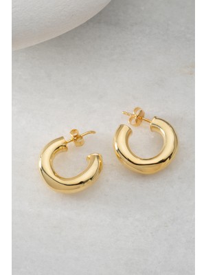 Two Arts Kadın 925 Ayar Gümüş Kalın Halka Küpe Sade | 14K Altın Kaplama | Hediye Kutusunda