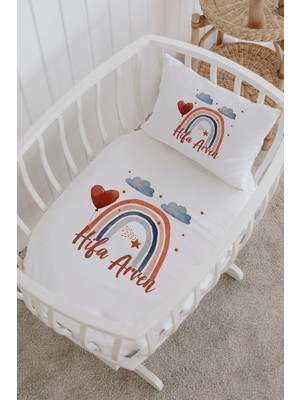 Lilabio Isme Özel %100 Pamuk Lastiksiz Park Yatak Çarşaf Seti (100X120) Kalpli Balon Gökkuşağı