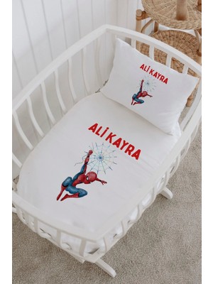 Lilabio Isme Özel %100 Pamuk Lastiksiz Park Yatak Çarşaf Seti (100X120) Örümcek Adam