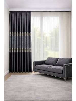 Perde Merkezi Lizbon Gri Gold Fon Perde Salon ve Misafir Odalarına Uygun 1/3 Sık Pileli Tek Kanat Lüks Modern Fon Perde