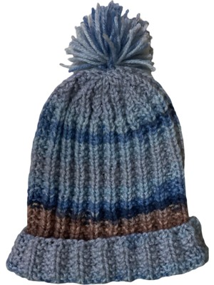 Fm El Örgüsü Kadın Gri Mavi Melanj Örgü Bere - Ponponlu Akrilik Kışlık Modern - Yumuşak Dokulu Sıcak Tutan Bere