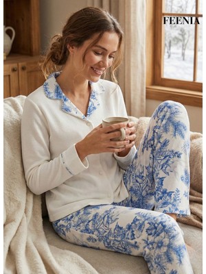 Feenia Jasminelle Termal Kumaş Beyaz Desenli Kadın Pijama Takımı