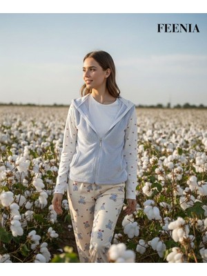 Feenia Teddylue Kapüşonlu Yelekli Kadın Pelüş Üçlü Pijama Takımı