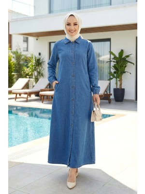 Kadın Düğmeli Cepli Koyu Kot Mavi Kap